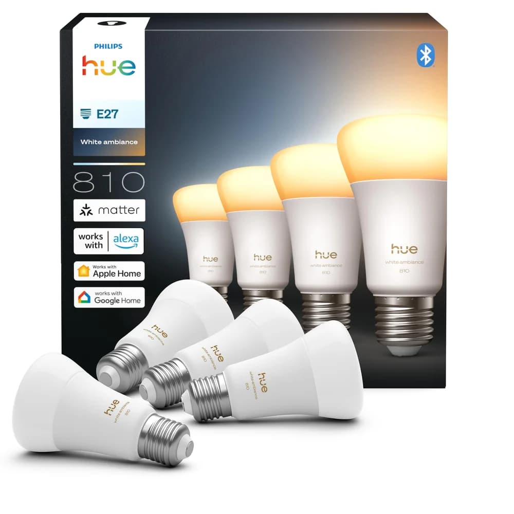 Philips Hue LED-Leuchtmittel White Ambiance 810lm smarte Lampe, E27, 4 St., Farbwechsler, Vollspektrumlicht 1000K-20000K weiß