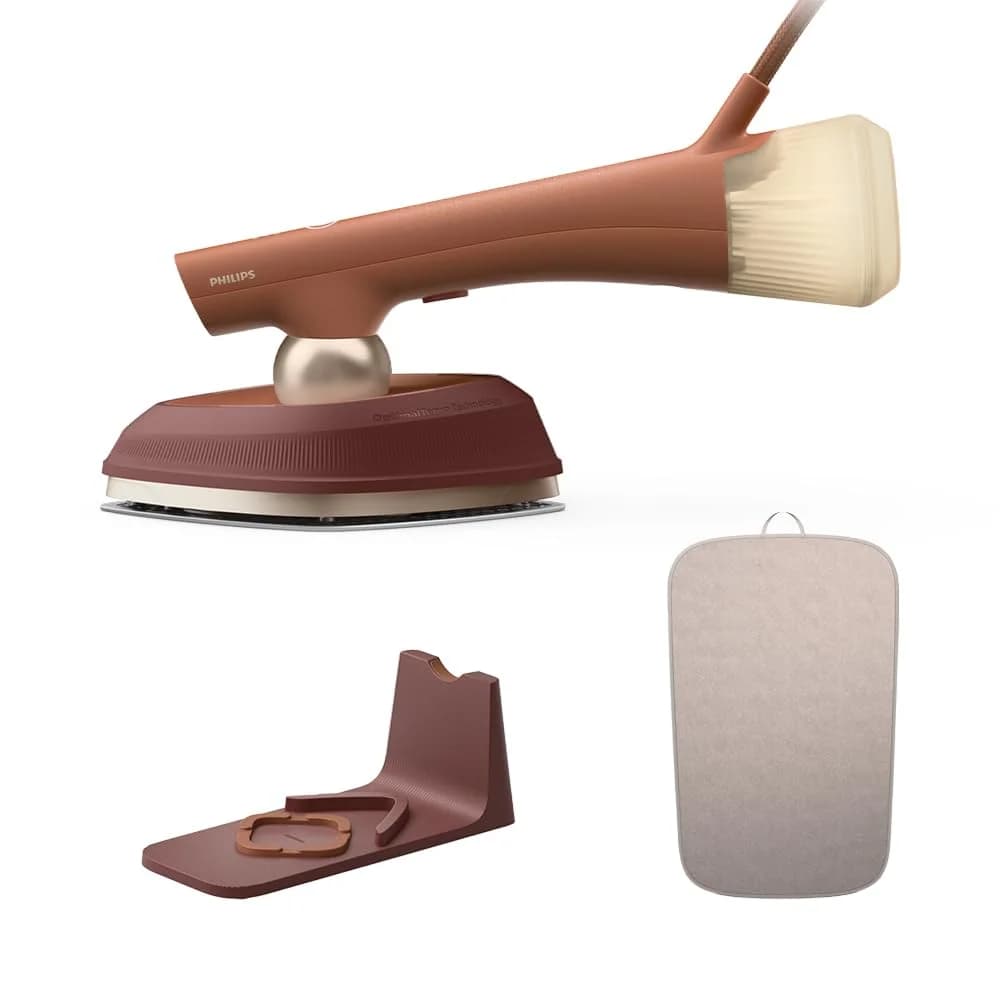 Philips Dampfbügeleisen OneTurn 2-in-1 Bügeleisen & Steamer, StyleMat & Dock inkl., 1800 W, SteamGlide Plus, 200ml Wasserbehälter und 90 g Dampfstoß rot
