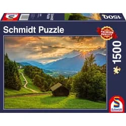 Schmidt Spiele - Erwachsenenpuzzle - Sonnenuntergang über dem Bergdorf Wamberg, 1500 Teile