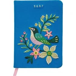 groh Verlag Buchkalender Taschenkalender A6 2027: Vogel und Blüten, bestickt, blau