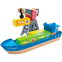 Hape Spielzeug-Schiff Frachtschiff und Hafenkran bunt
