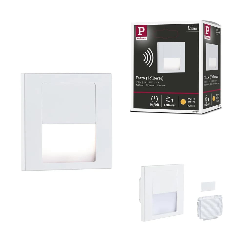 Paulmann 79999 LED Wandeinbauleuchte Tsaro eckig 80x36mm 1W 80lm 230V 2700K Weiß matt