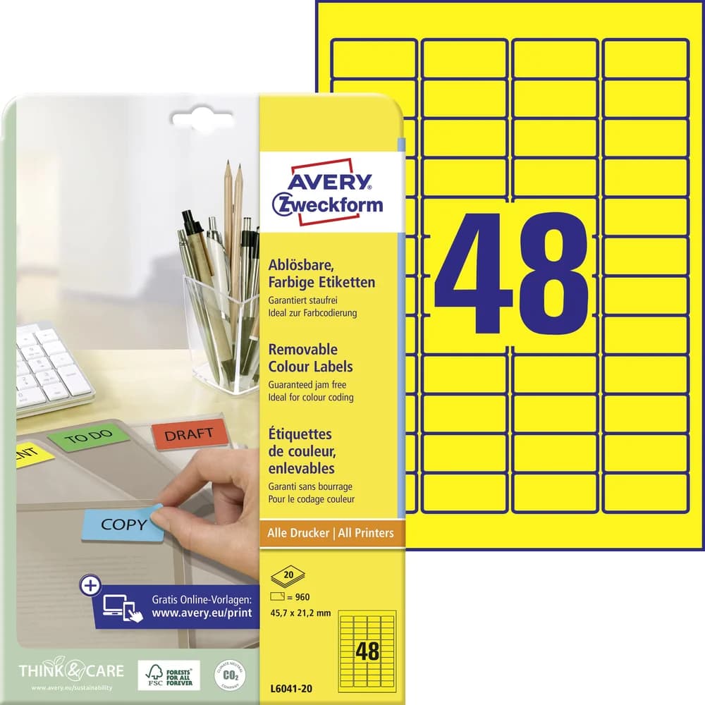 Avery Zweckform Wiederablösbare Farbige Etiketten 45.7x21.2 mm 960 Stück gelb
