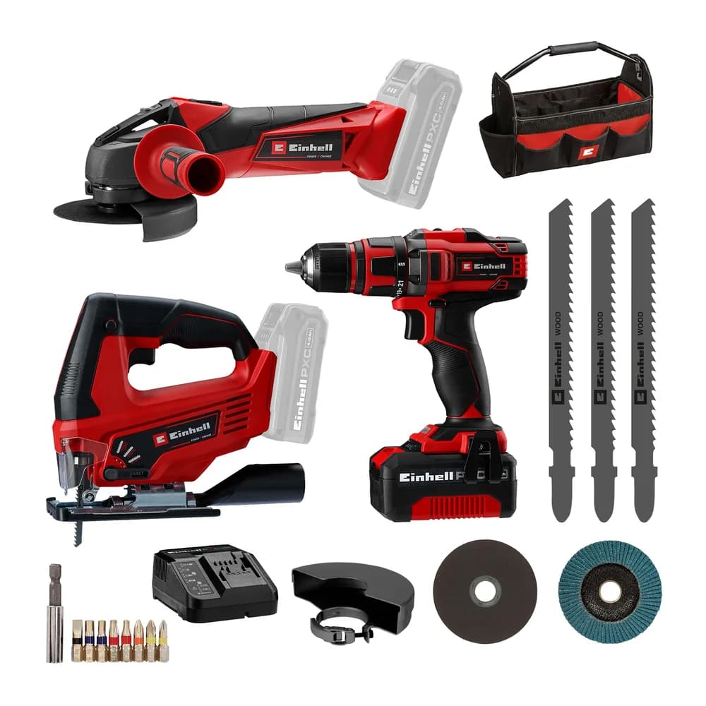 Einhell Bohrschrauber TE-CD 18/40 Li + Winkelschleifer TC-AG 18/115 Li + Stichsä
