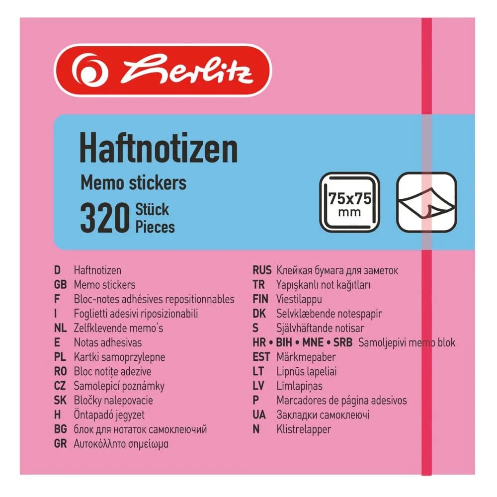 Herlitz Haftnotizblock Haftnotizen 75x75mm VE=400 Blatt intensivfarben (pink, gelb, grün, ora