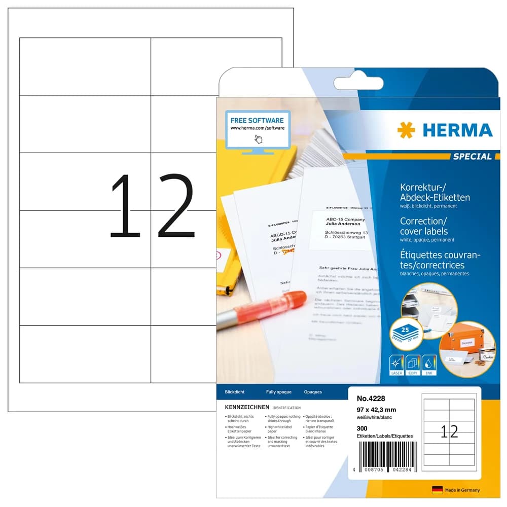 HERMA Korrektur-/Abdecketiketten 97 x 42,3 mm, 300 Etiketten, weiß, blickdicht