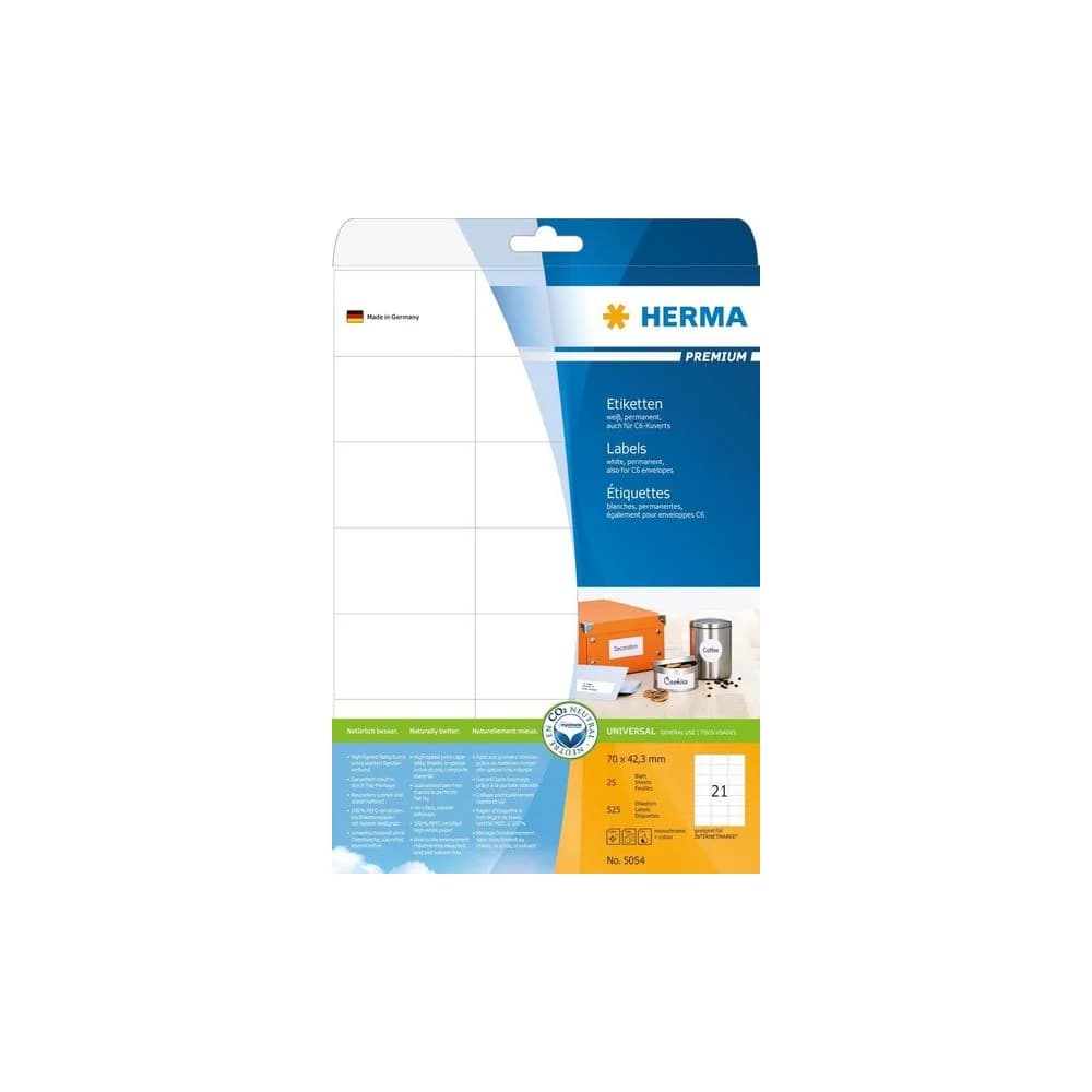 Herma 5054 Etiketten Premium A4, weiß 70x42,3 mm Papier matt 525 St.