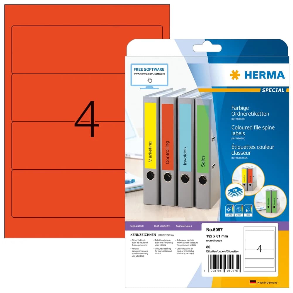 Herma Selbstklebende Ordnerrücken–Etiketten 80 Stück »61x192 mm« rot, 8 cm