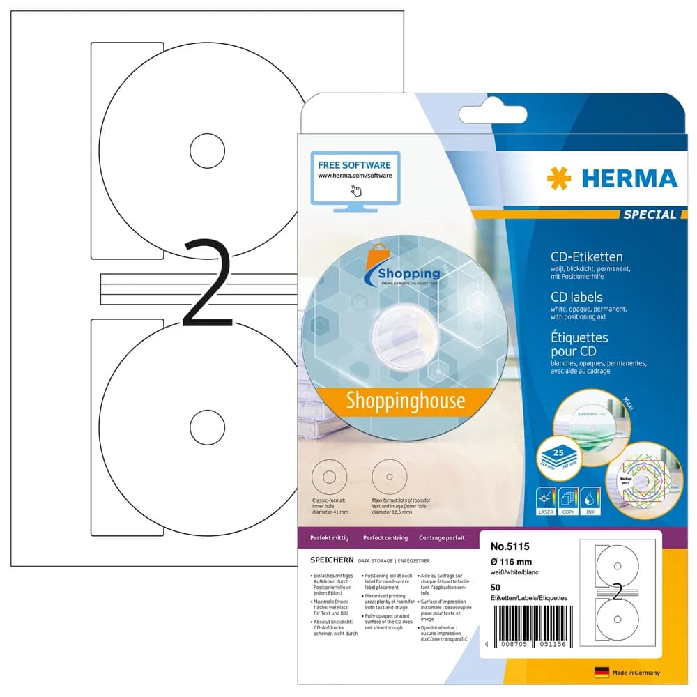 HERMA 5115 - CD-Etiketten, 50 Stück, weiß