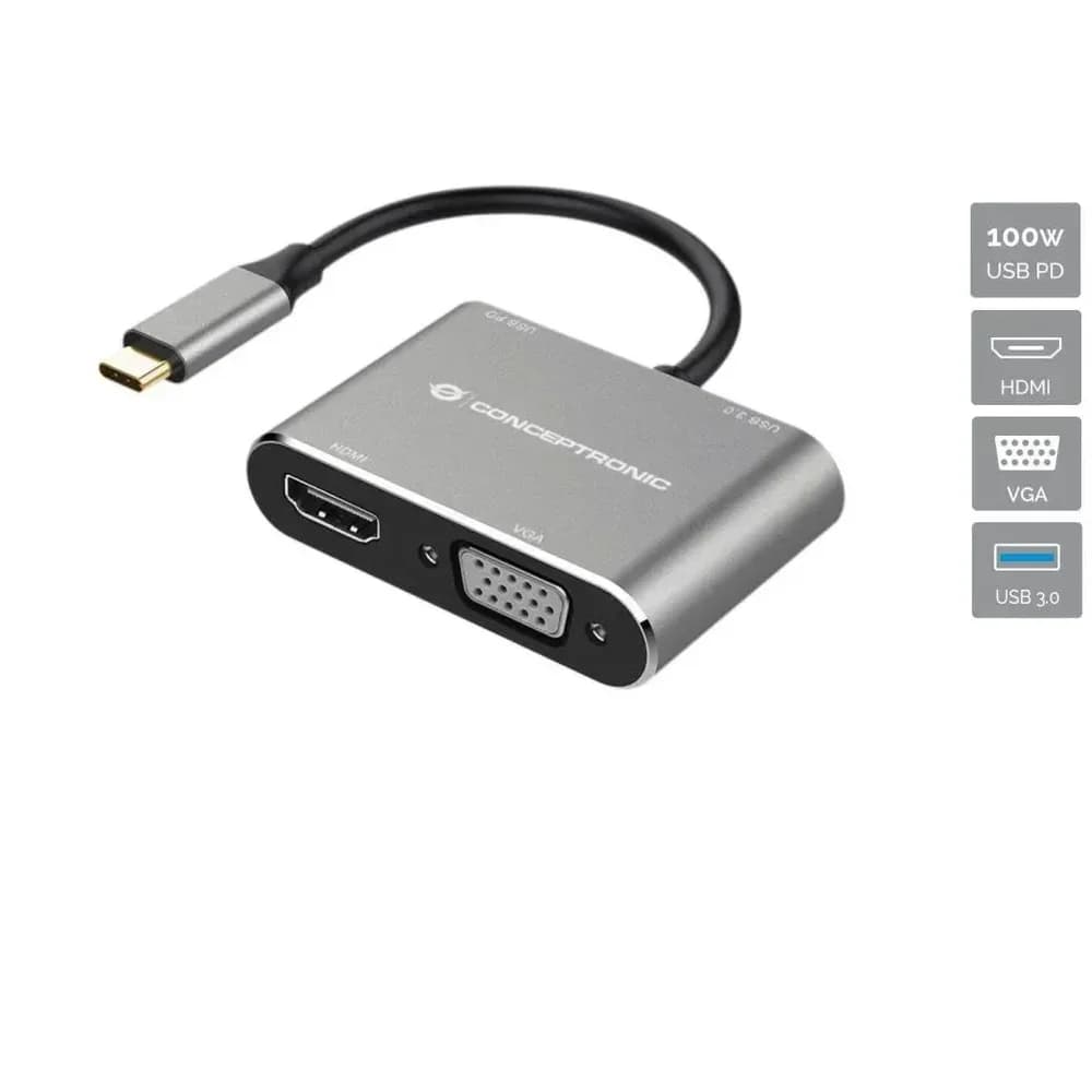 Conceptronic Laptop-Dockingstation DONN16G 4-in-1 USB 3.2 Gen 1 Dockingstation, HDMI, VGA, USB-A 3.0