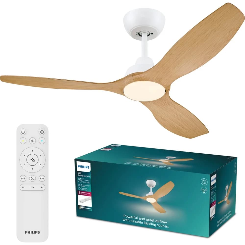 Deckenventilator 35W 132cm LED-Deckenleuchte 24W 2650lm 3000-6500K CCT Weiß Holz + Pilot Olas Philips