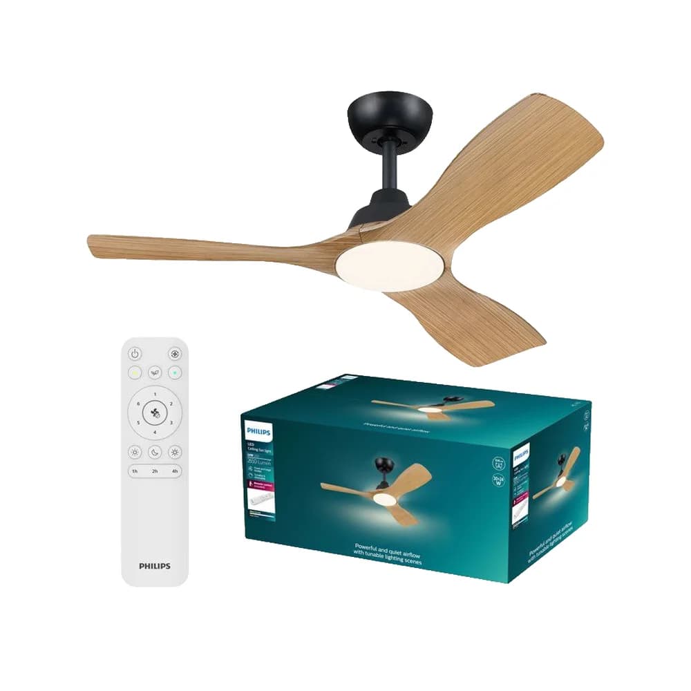 Deckenventilator 30W 106cm LED-Deckenleuchte 24W 2650lm 3000-6500K CCT Schwarz Holz + Pilot Olas Philips