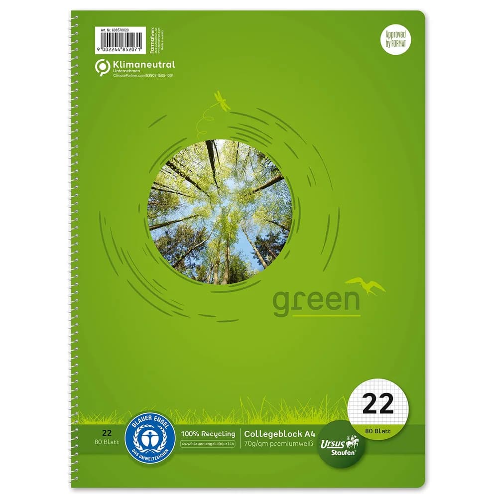 Ursus Collegeblock Green 608570020 DIN A4 70g kariert weiß 80Blatt