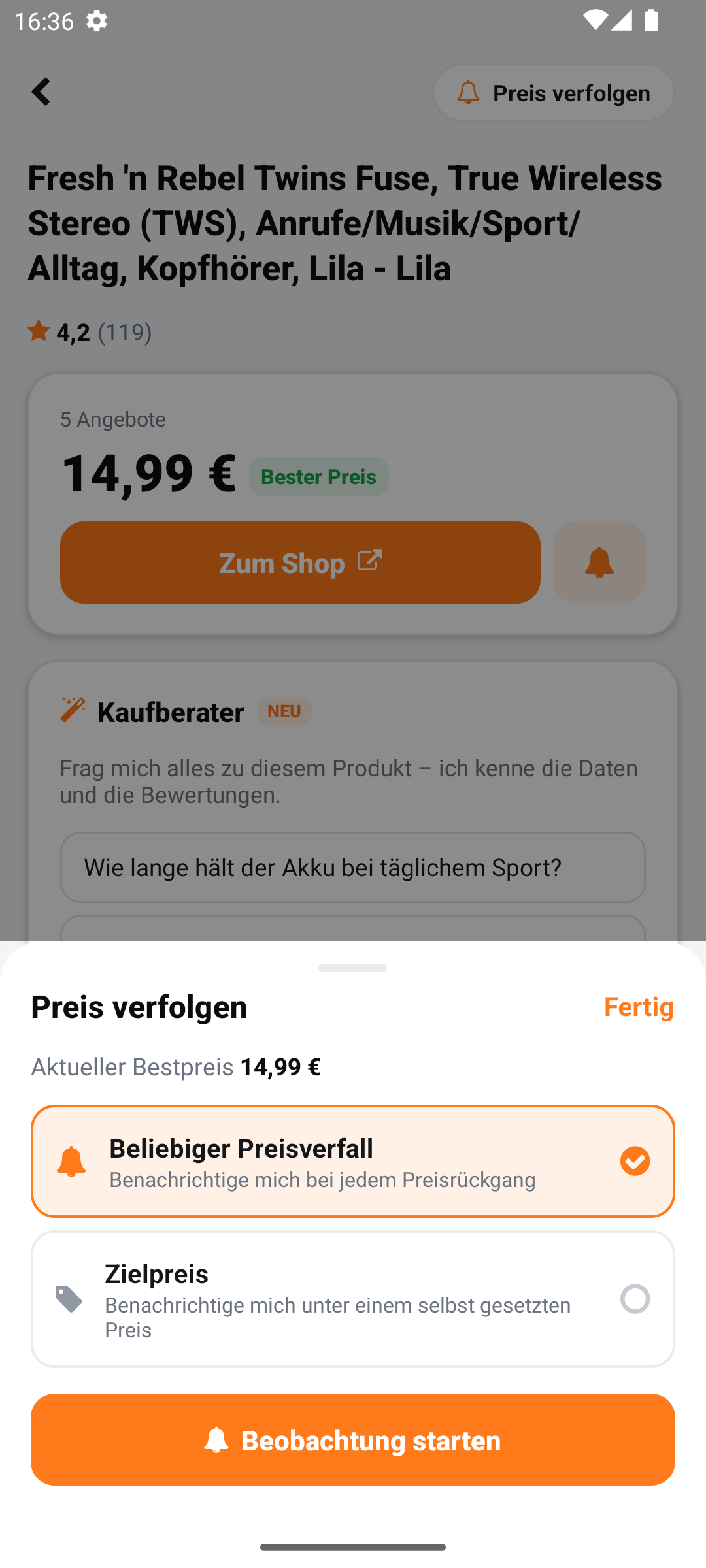 Track a price with target price
